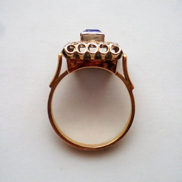 Vintage Russian USSR 18K 750 Yellow White Gold Sapphire Diamond Cluster Ring - Picture 5 of 13